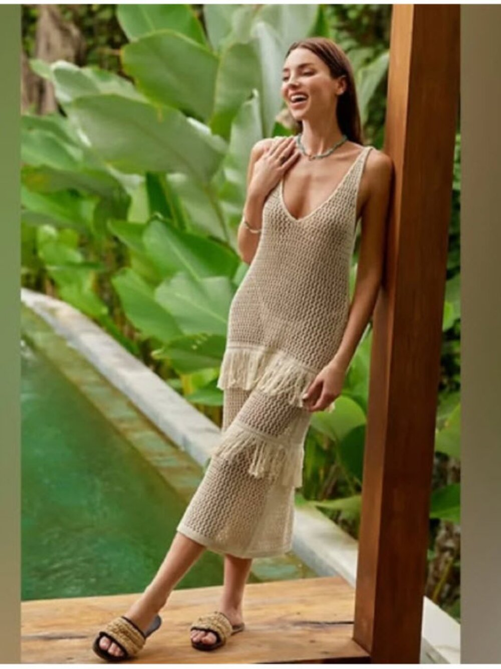 Anthro Sunday in Brooklyn Crochet Fringe Maxi Dress Cream M/L Boho Beach Chic